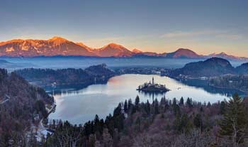 <b>Slovenia, Bled</b>, Elevated view of Lake Bled at sunset